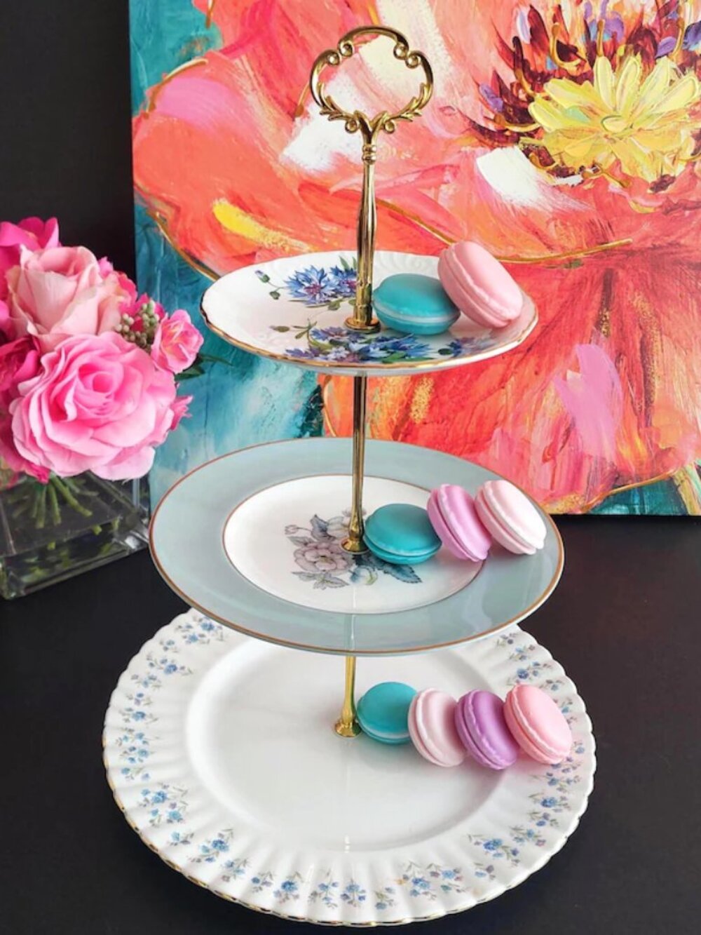 Mismatched Vintage English Bone China Three Tier High Tea Stand Blue Floral
